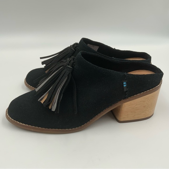 TOMS Leila Tassel Mules Women’s Size 8. Black Suede Cheeky Heels Slide-Ons shoes - Picture 3 of 8